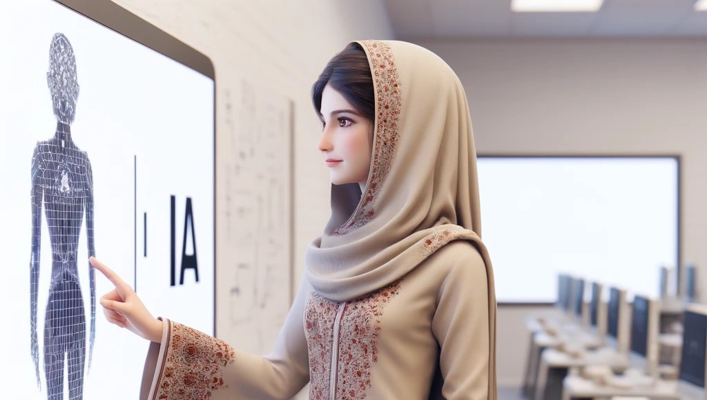 DALL·E 2025-01-25 18.40.06 - A realistic and minimalist image of a female teacher in a computer classroom in Balochistan, wearing a veil and modest attire with subtle Balochi embr23 DALL·E 2025-01-25 18.40.06 - A realistic and minimalist image of a female teacher in a computer classroom in Balochistan, wearing a veil and modest attire with subtle Balochi embr23